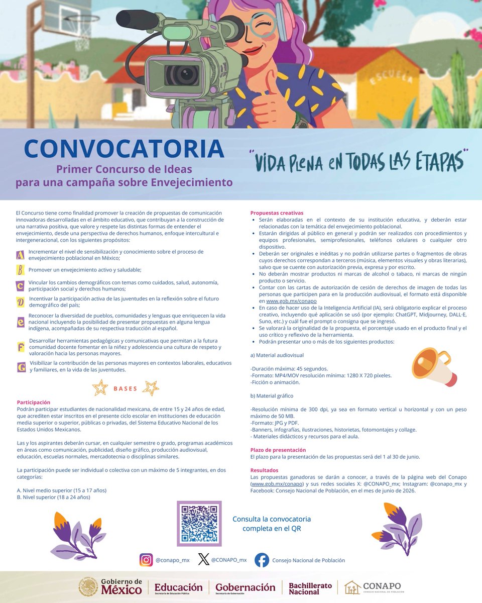 DGCFT_oficial's tweet photo. ❤️⏰La Coordinación Sectorial Académica (COSAC), convoca al Primer Concurso de Ideas para una Campaña sobre Envejecimiento "Vida plena en todas las etapas", dirigido a las y los estudiantes del #BachilleratoNacional.
#COSAC #DGCFT #CECATI @SEP_mx @CONAPO_mx https://t.co/LP7LOI8kXS