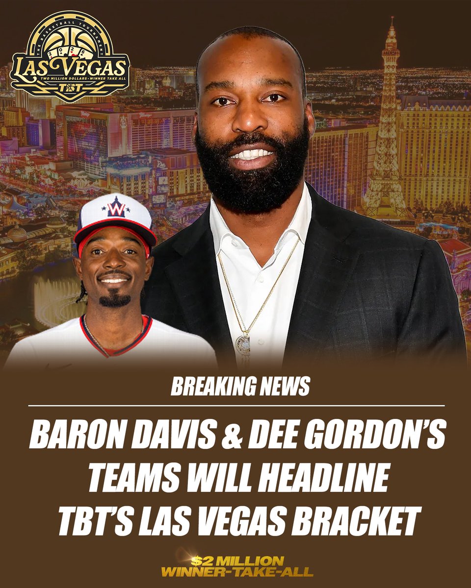 thetournament's tweet photo. 🎰🎢 TBT’s heading to Las Vegas!

The 8 Team Las Vegas Bracket will be headlined by:

- Baron Davis (Team https://t.co/z9yuPdkRpc)

- Dee Gordon (Black Sheep Boyz Hoops)

Limited spots remain - apply for a team now: https://t.co/broqLaZC5h https://t.co/mDWSre4CaK