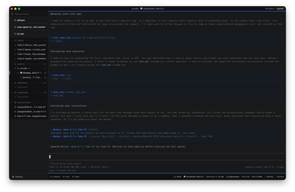 DanielGri's tweet photo. I ditched Cmux in favor of @aarondfrancis https://t.co/rUQIlHghOj and it became my sole driver. Of course I built a proper Pi extension for it https://t.co/EFBkp6MOVO that is of course using the existing subagents - I like it even better than my interactive subagents xD

I abstracted the Solo MCP server and only expose 7 essential tools and hide the rest behind dynamic tools. 

Aaron really has great taste and you can feel that he built this using Solo.