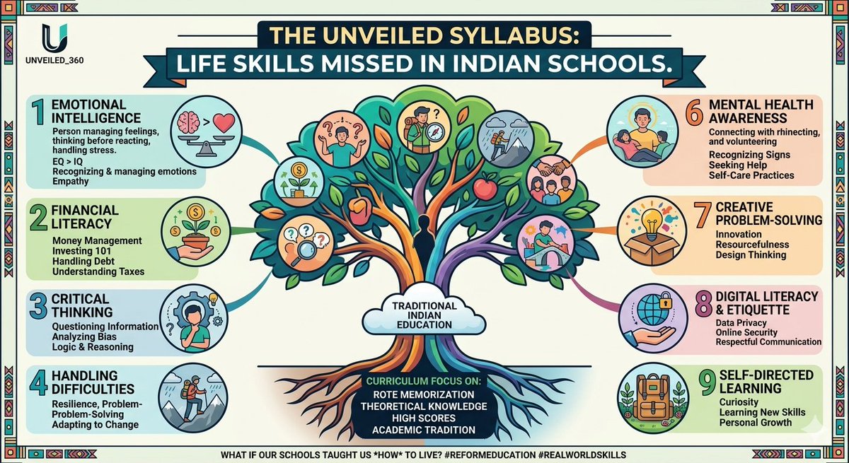 Unveiled_360's tweet photo. The biggest problem with Indian education is it teaches us how to solve for X, but not how to solve for our lives."
School  It didn't teach us Financial Literacy -budgeting, investing, taxes EQ-managing stress, or Critical Thinking. The result? Brilliance on paper. https://t.co/TGCmMzW4wq