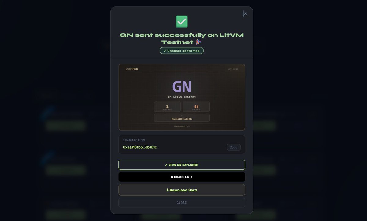 WNK611's tweet photo. Just send GN with https://t.co/1NZJjXVT1Z on LitVM 🌅
I dropped my full article on @LitecoinVM testnet this morning.
For onchain footprint, I sent my daily greetings
through ChainGreets for free & deploys SC on LitVM.
Who else is GN'ing tonight? 👇
#chaingreets #GN https://t.co/jfDtzj3yz0