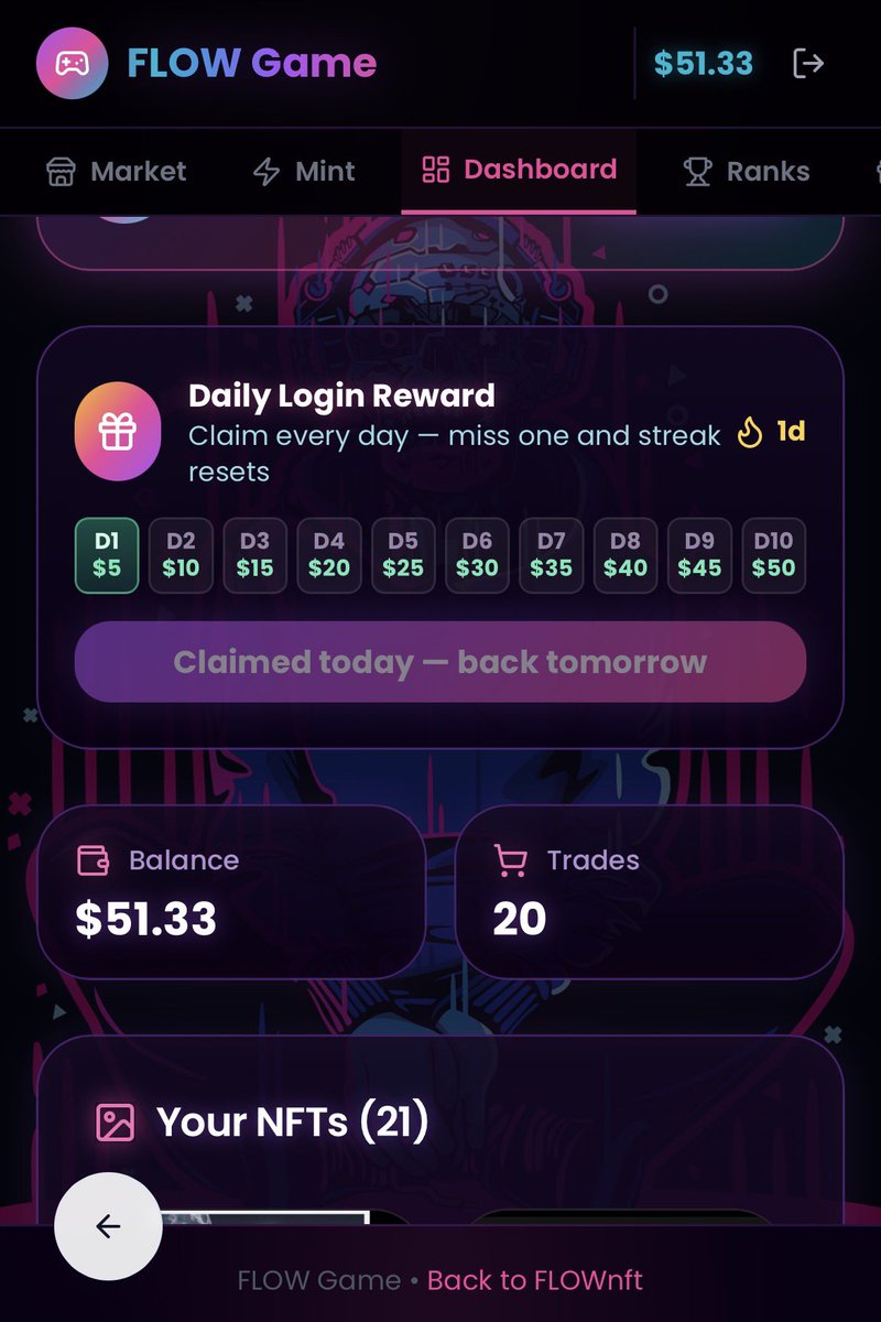 EmonToken1's tweet photo. Daily claim streaks matter inside FLOW.

💲Miss one day and the progression resets from the beginning.
Consistency builds stronger rewards over time.

https://t.co/2lNINNscFs

#Solana #NFT #GameFi #NFTGame #Web3Gaming #CryptoGaming https://t.co/Tigk169UM9
