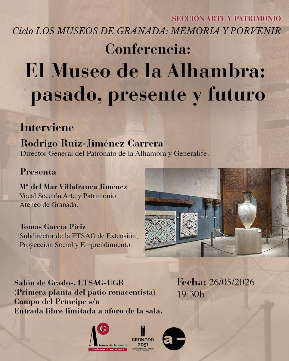 alhambracultura's tweet photo. ✨ ¿Cómo ha evolucionado el Museo de la Alhambra y hacia dónde mira en el futuro?

🏛️ “El Museo de la Alhambra: pasado, presente y futuro”

📍 Salón de Grados ETSAG-UGR
🕢 26 de mayo. 19:30 h
🎟️ Entrada libre hasta completar aforo https://t.co/AwGGWFojBp