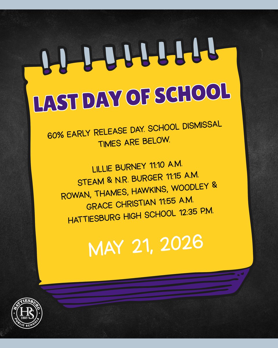 HPSD's tweet photo. Reminder, Tiger Families!
This Thursday is 60% Day for Hattiesburg Public Schools!
Early Dismissal Times
• Lillie Burney -11:10 am
• STEAM Academy &amp; N.R. Burger -11:15 am
• Rowan, Thames, Hawkins, Woodley &amp; Grace Christian - 11:55 am
• Hattiesburg High School -12:35 pm https://t.co/IZ2HgHnQzK
