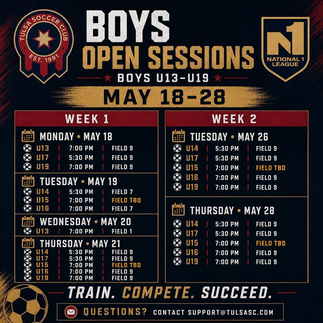 TulsaSC's tweet photo. ⚽️ Boys Open Sessions | U13–U19

Come train with Tulsa SC and experience the environment ahead of the 2026–27 season.

📍 Scheels Sports Complex
📅 May 18–28
🏆 National 1 League opportunities

Questions? support@tulsasc.com https://t.co/hG26nvqZ9t https://t.co/uJfKpJcwHY