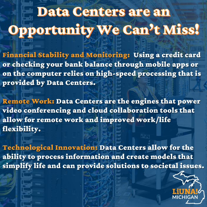 MiLaborers's tweet photo. Michigan's future is on the horizon and we cannot afford to miss the opportunities that #DataCenters are going to bring to our cities, counties, and state. Too many people don't realize that existing Data Centers meet many of their needs everyday and that need continues to grow.  LIUNA members stand ready to get to work, and make sure these facilities are built right!
#FeelThePower