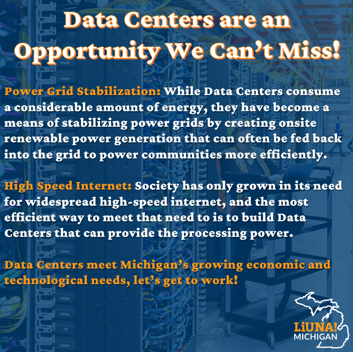 MiLaborers's tweet photo. Michigan's future is on the horizon and we cannot afford to miss the opportunities that #DataCenters are going to bring to our cities, counties, and state. Too many people don't realize that existing Data Centers meet many of their needs everyday and that need continues to grow.  LIUNA members stand ready to get to work, and make sure these facilities are built right!
#FeelThePower