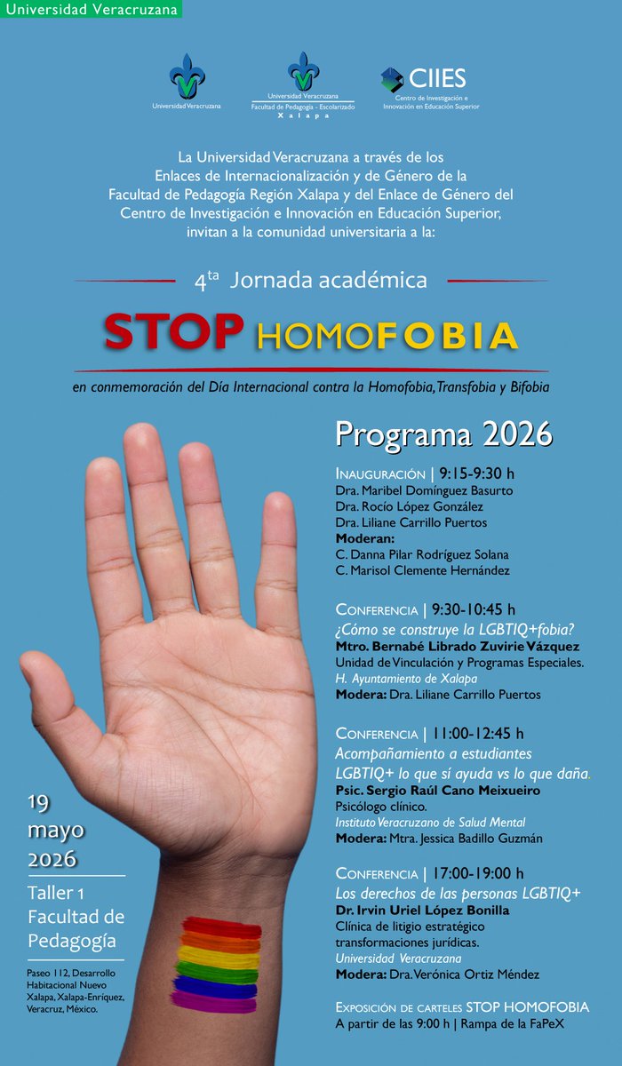 CIIES_UV's tweet photo. Les esperamos mañana a la 4ta Jornada académica: STOP HOMOFOBIA en conmemoración del Día Internacional contra la Homofobia, Transfobia y Bifobia, en el Taller 1 de la Facultad de Pedagogía, Campus Sur Xalapa.
--
¡Entrada libre! https://t.co/YChj713M2Y