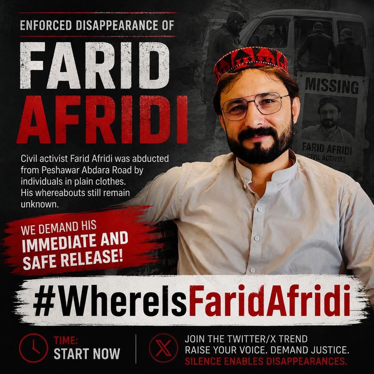 shoaibsafi00's tweet photo. PTM member farid afridi has been arrested by Pakistani intelligence agencies a while ago in Peshawar, Arbab road.
Instead of restoring peace, state targeting those who advocate for it. That’s how the state treat Peaceful activists.
#WhereIsFareedAfridi https://t.co/wIqBRAfGiy