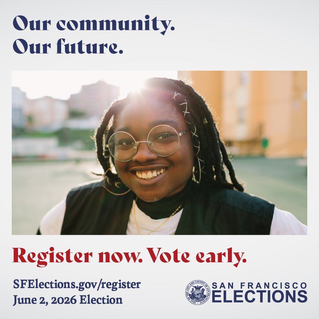 SFElections's tweet photo. San Francisco: your vote matters! 🗳️ 

Register to vote online by 11:59pm TODAY to get your ballot in the mail for the June 2, 2026, Primary Election: https://t.co/tnA6ZRx5rc.

Prefer in person options? The City Hall Voting Center is open until 5pm today.

Don't wait - get #VoteReady and make your voice heard, San Francisco! ✅