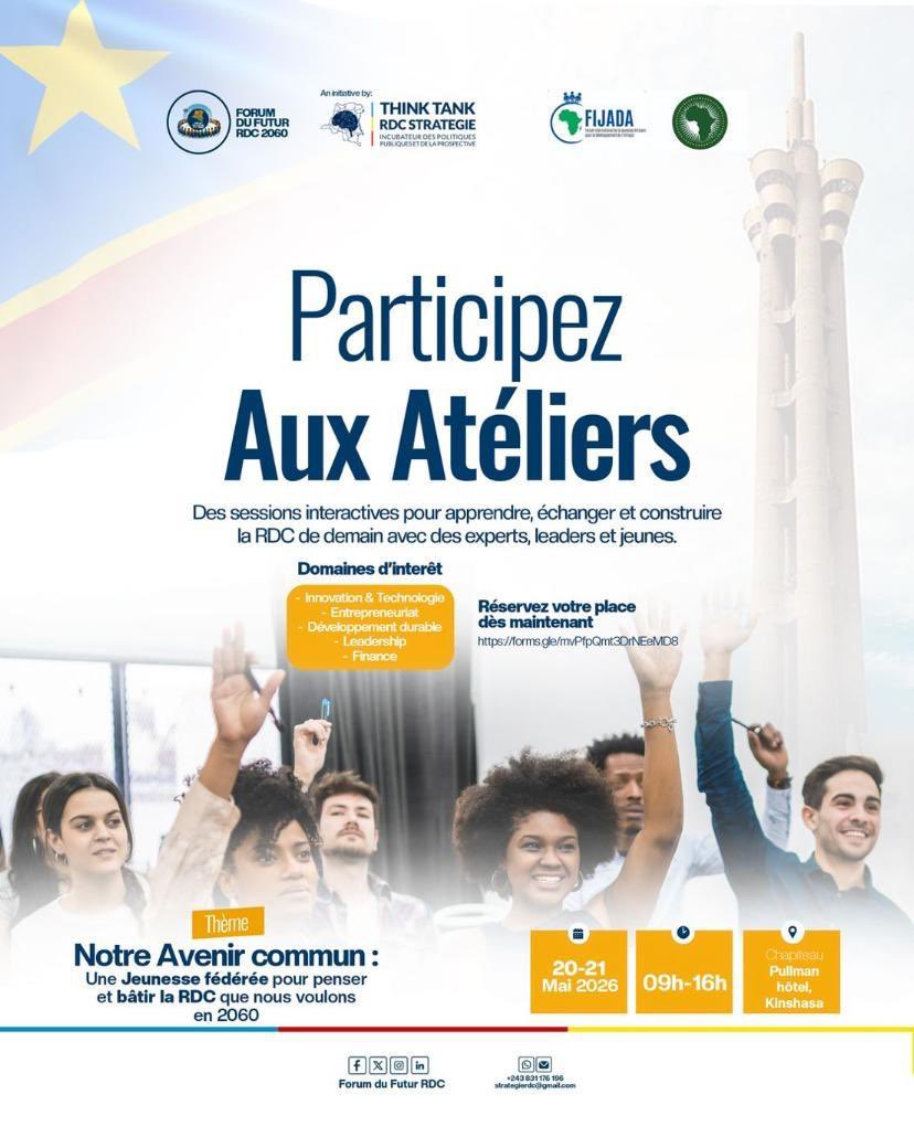 FIJADA_FORUM's tweet photo. Le Forum International de la Jeunesse Africaine pour le Développement de l’Afrique (FIJADA-AFRIQUE) a le plaisir d’annoncer son partenariat avec le FORUM DU FUTUR RDC, un cadre d’échanges, d’apprentissage et de réflexion dédié à la jeunesse congolaise pour penser et bâtir la République Démocratique du Congo de demain.

Sous le thème : « Notre avenir commun : Une jeunesse fédérée pour penser et bâtir la RDC que nous voulons en 2060 »

Cet événement réunira des experts, leaders, entrepreneurs et jeunes de la RDC et de toute l’Afrique autour de sessions interactives dans plusieurs domaines stratégiques :

✅ Innovation & Technologie
✅ Entrepreneuriat
✅ Développement durable
✅ Leadership
✅ Finance

Nous sommes également honorés d’annoncer la participation de Monsieur Jonathan Masuta, Président Régional en exercice du FIJADA-AFRIQUE, qui interviendra en qualité de paneliste afin de partager sa vision et son engagement en faveur de la jeunesse africaine et du développement durable.

📅 Date : 20 - 21 mai 2026
🕘 Heure : 09h00 - 16h00
📍 Lieu : Pullman Hôtel, Kinshasa

La jeunesse congolaise est appelée à prendre une part active dans cette dynamique de transformation et de construction collective.

🔗 Réservez votre place dès maintenant : https://t.co/YT2kUFa5LD

FIJADA-AFRIQUE reste engagée à accompagner les initiatives qui renforcent le leadership, l’innovation et l’autonomisation des jeunes pour une Afrique forte et prospère.

@RdcStrategie