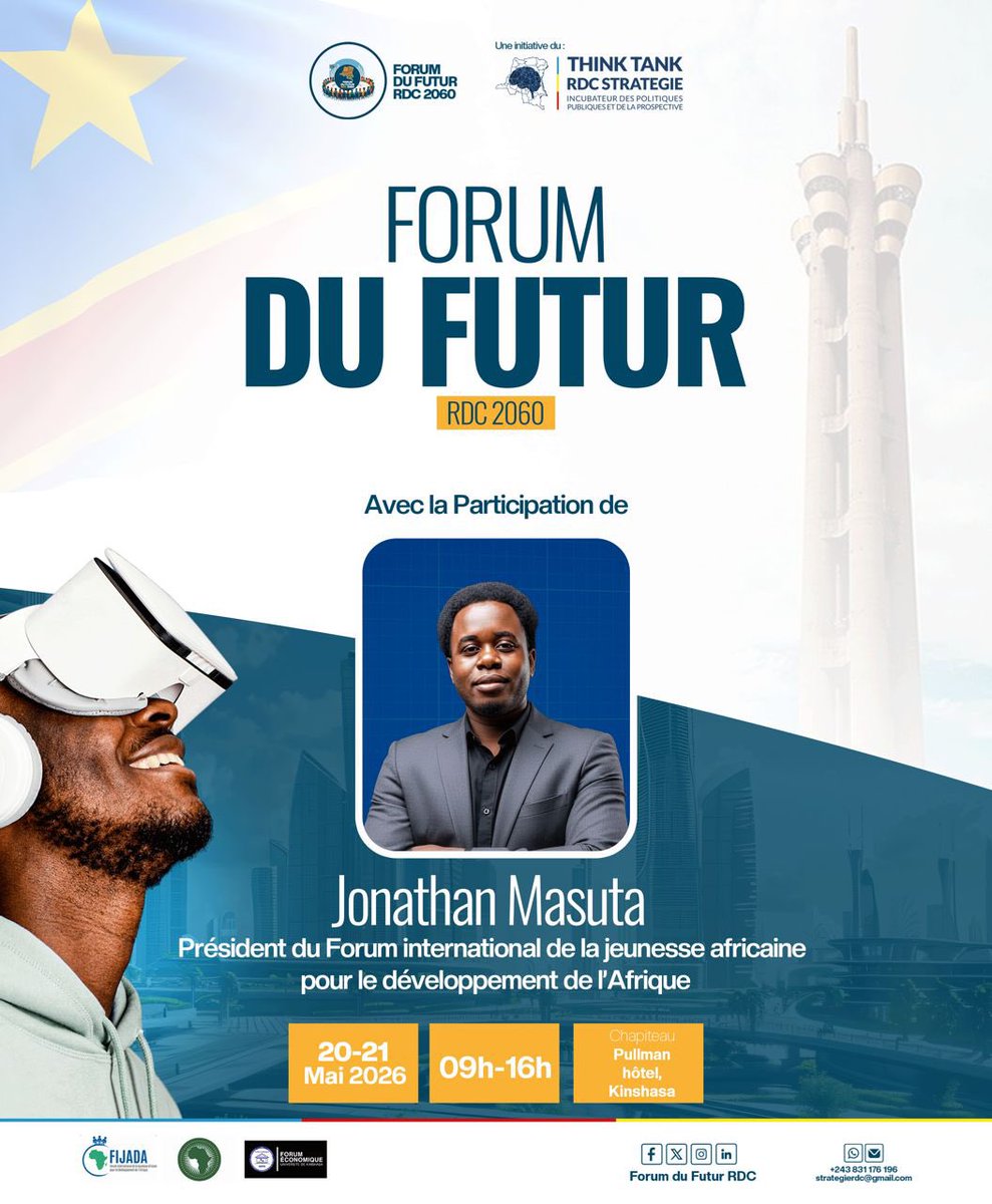 FIJADA_FORUM's tweet photo. Le Forum International de la Jeunesse Africaine pour le Développement de l’Afrique (FIJADA-AFRIQUE) a le plaisir d’annoncer son partenariat avec le FORUM DU FUTUR RDC, un cadre d’échanges, d’apprentissage et de réflexion dédié à la jeunesse congolaise pour penser et bâtir la République Démocratique du Congo de demain.

Sous le thème : « Notre avenir commun : Une jeunesse fédérée pour penser et bâtir la RDC que nous voulons en 2060 »

Cet événement réunira des experts, leaders, entrepreneurs et jeunes de la RDC et de toute l’Afrique autour de sessions interactives dans plusieurs domaines stratégiques :

✅ Innovation & Technologie
✅ Entrepreneuriat
✅ Développement durable
✅ Leadership
✅ Finance

Nous sommes également honorés d’annoncer la participation de Monsieur Jonathan Masuta, Président Régional en exercice du FIJADA-AFRIQUE, qui interviendra en qualité de paneliste afin de partager sa vision et son engagement en faveur de la jeunesse africaine et du développement durable.

📅 Date : 20 - 21 mai 2026
🕘 Heure : 09h00 - 16h00
📍 Lieu : Pullman Hôtel, Kinshasa

La jeunesse congolaise est appelée à prendre une part active dans cette dynamique de transformation et de construction collective.

🔗 Réservez votre place dès maintenant : https://t.co/YT2kUFa5LD

FIJADA-AFRIQUE reste engagée à accompagner les initiatives qui renforcent le leadership, l’innovation et l’autonomisation des jeunes pour une Afrique forte et prospère.

@RdcStrategie