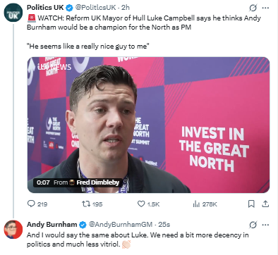 PolitlcsUK's tweet photo. 🚨 NEW: Andy Burnham responds to Reform's Luke Campbell praising him

"I would say the same about Luke. We need a bit more decency in politics and much less vitriol" https://t.co/lCnzHG53DF