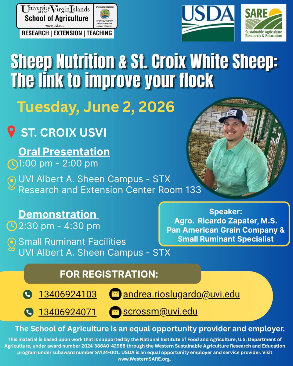 uvisoa's tweet photo. There will be a will be oral presentations and demonstrations called "Sheep Nutrition &amp; St. Croix White Sheep: The link to improve your flock" on St. Croix and St. Thomas!

St. Croix- Tuesday, June 2, 2026
St. Thomas - Wednesday, June 3, 2026 https://t.co/pl8NsJI1GS
