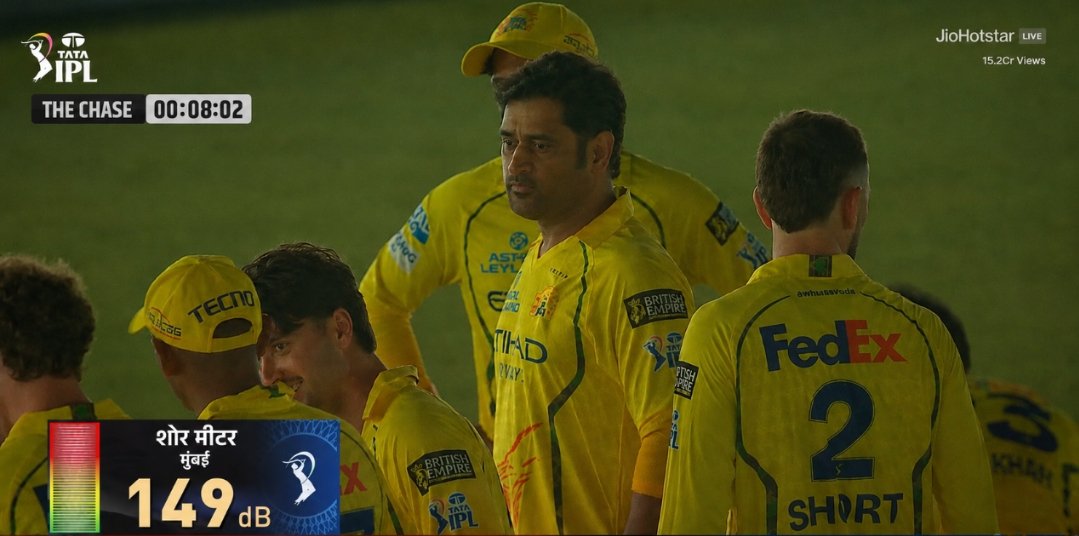 Vamshipatel45's tweet photo. SHOR METER GOES ABSOLUTELY WILD 🚨
149 dB — THE HIGHEST EVER RECORDED IN IPL HISTORY!  🤯🤯
The moment MS Dhoni appeared on the screen for the first time in IPL 2026… the entire stadium ERUPTED!  🔊🔥
#CSKvSRH #CSKvsSRH #WhistlePodu #MSDhoni #Chepauk #Yellove https://t.co/IvJGzLKPvP