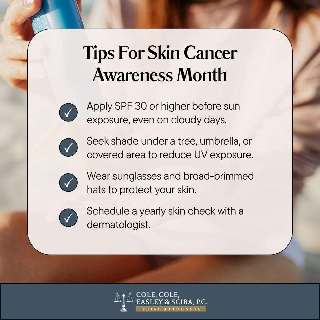 CCESLaw's tweet photo. May is Skin Cancer Awareness Month, a reminder to protect your skin, know the warning signs, and make prevention part of your daily routine. ☀️

Simple steps like applying sunscreen, seeking shade, wearing protective clothing, and scheduling yearly checks can make a difference. https://t.co/IuGqEH5YTS