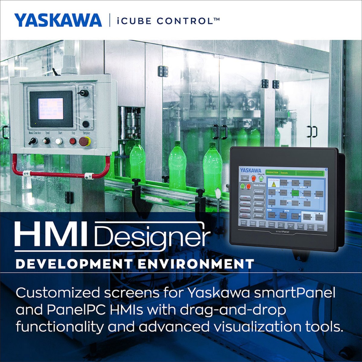 YASKAWA's tweet photo. If your HMI is difficult to use, your machine is harder to operate. HMI Designer simplifies development with drag-and-drop tools, real-time visualization, 200+ communication drivers, and seamless integration with iCube Engineer.

One environment. More control.

#Yaskawa #HMI #MachineControl