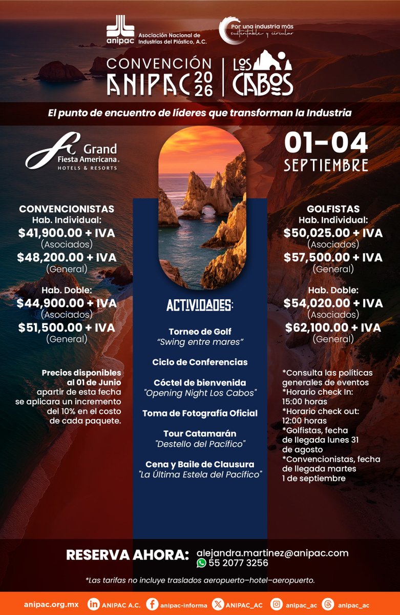 ANIPAC_AC's tweet photo. 🏝️ ¿Listo para el punto de encuentro que transforma nuestra industria? ¡La Convención ANIPAC 2026 llega a Los Cabos!
Asegura tu lugar hoy mismo: https://t.co/DY42fYecg4
📩 alejandra.martinez@anipac.com 📲 WhatsApp: 55 2077 3256 https://t.co/cF767tzqjo