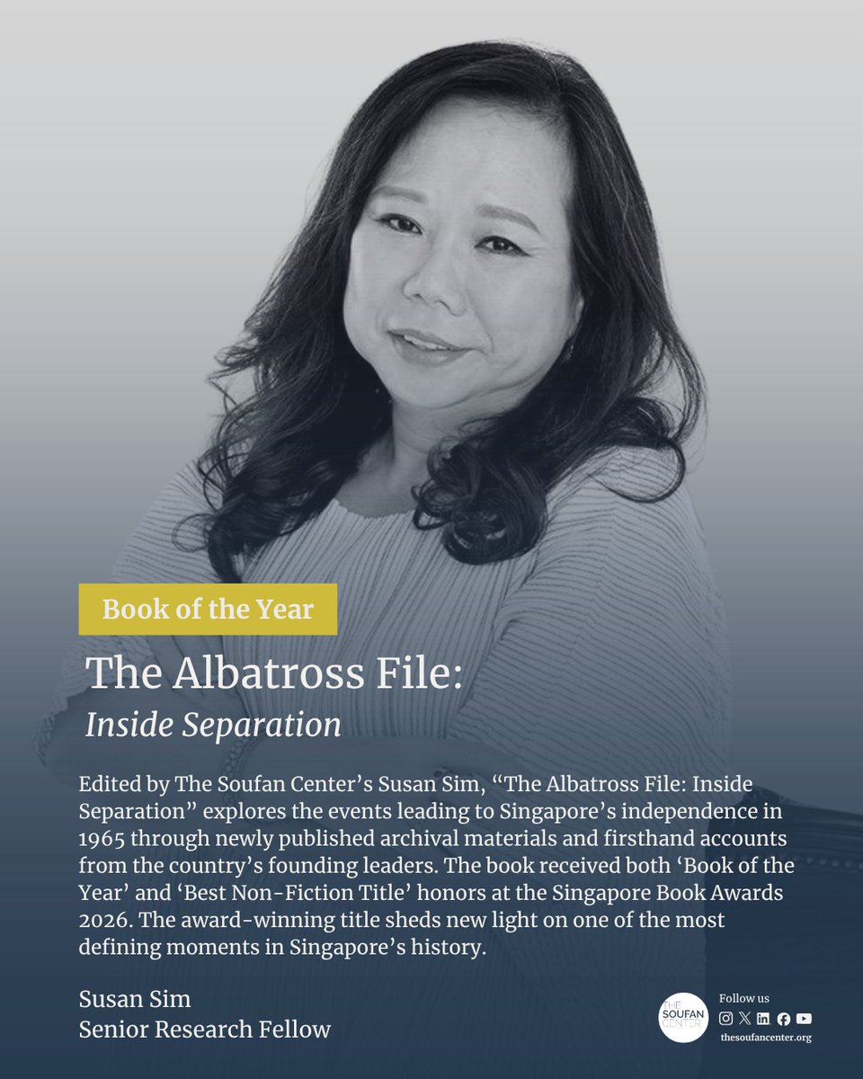 TheSoufanCenter's tweet photo. Major win for @TheSoufanGroup's @SusanSim9 and "The Albatross File: Inside Separation", which received both #BookOfTheYear and Best #NonFiction Title at the Singapore Book Awards.

The book revisits the political negotiations behind #Singapore’s separation from Malaysia in 1965. https://t.co/ocl5JXqt4r