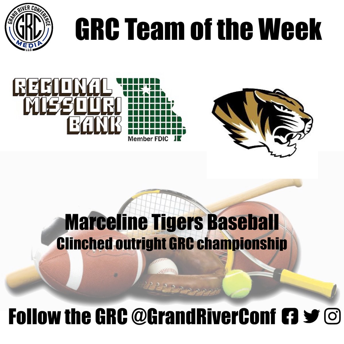 GrandRiverConf's tweet photo. The Regional Missouri Bank GRC Team of the Week is the Marceline Tigers Baseball Team.  Marceline clinched the outright GRC Championship on Monday with a 13-3 win over rival Brookfield.  It is Marceline’s first GRC Baseball Championship.  They followed that up with a 9-2 win over Slater in the first round of Districts.  Congratulations to Marceline.