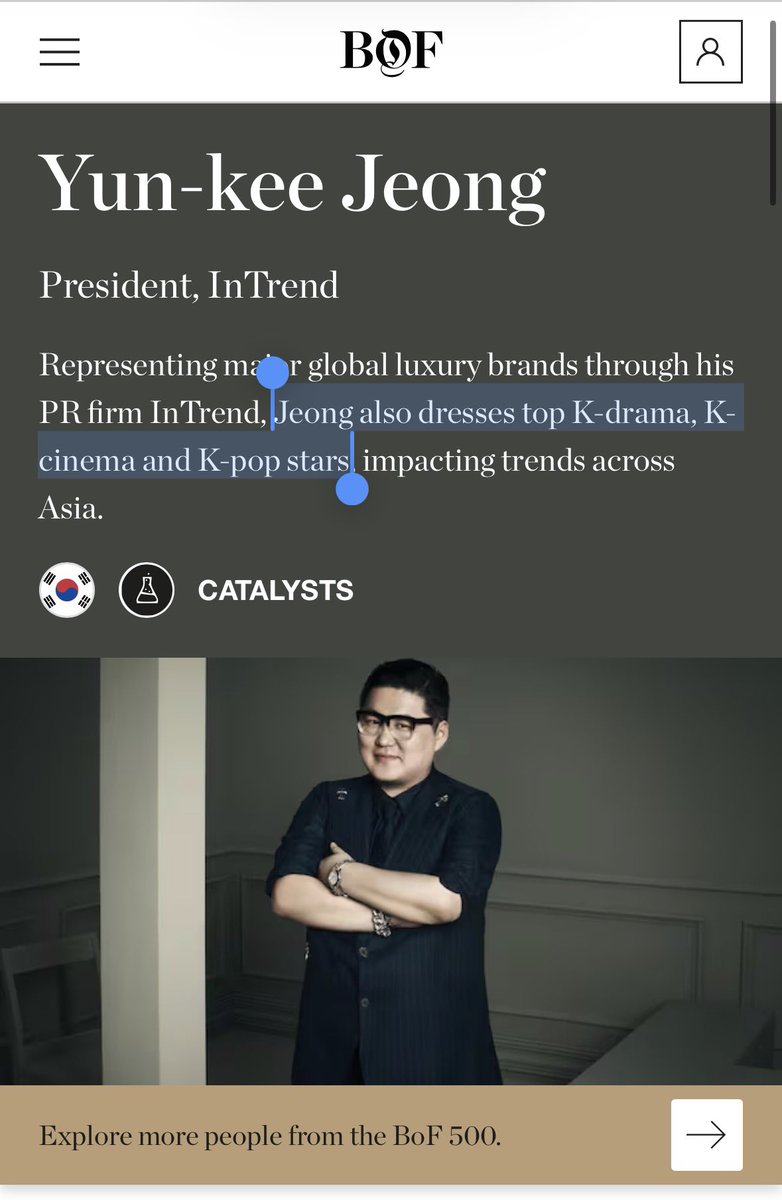kittybokiy's tweet photo. @CherstyIes Stop lying and at least try to lie properly next time because BOF literally described him as “well known for his ‘Midas touch.’ Stylist to the major stars of Korea.” https://t.co/wFxsB4lLl9
