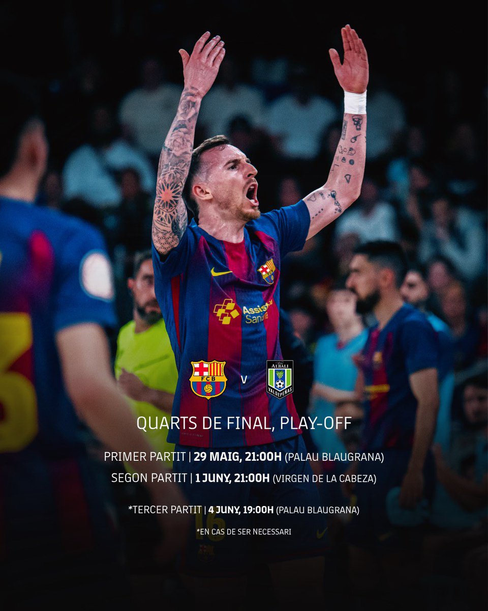 FCBfutbolsala's tweet photo. 📌 𝐇𝐎𝐑𝐀𝐑𝐈𝐒 𝐂𝐎𝐍𝐅𝐈𝐑𝐌𝐀𝐓𝐒

✍️ Apunteu-vos les dates dels quarts de final del Play-off, culers

💙❤️ https://t.co/mA894SmD97
