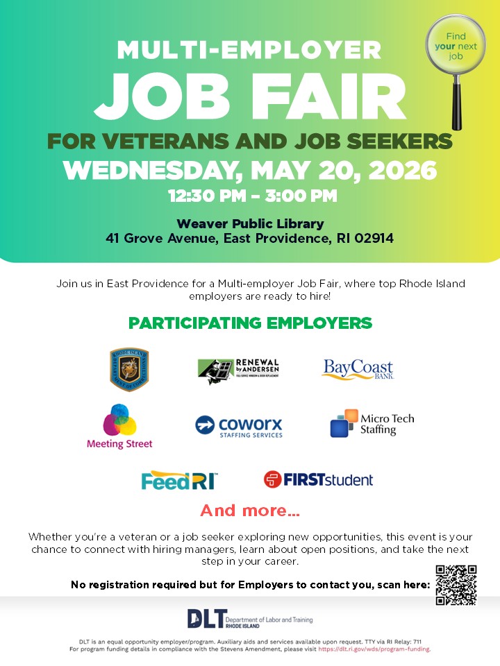 RI_DLT's tweet photo. Rhode Island employers are hiring! Join us on May 20 in East Providence and connect with hiring managers from various industries.

- Weaver Public Library from 12:30 PM – 3 PM

No registration required. Veterans encouraged to attend.

#DLTWorks #JobFair #HiringNow https://t.co/pQpvVjzoOQ