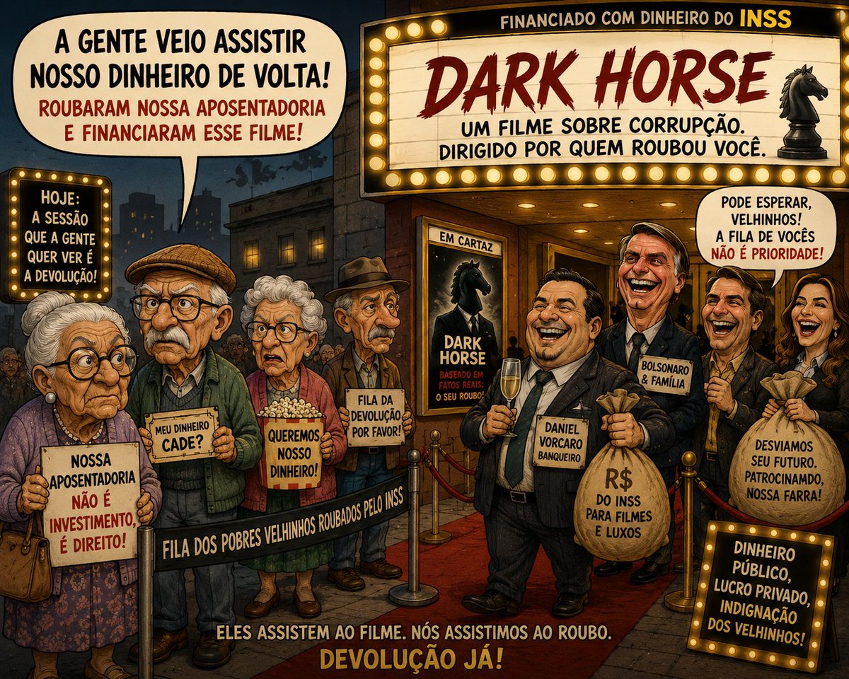 padua01985's tweet photo. @pesquisas_elige @FlavioBolsonaro Os velhinhos acharam que a fila era pra receber o dinheiro de volta…
mas era estreia de “Dark Horse: o assalto continua”. 🎬💸 https://t.co/eyieeh4bpQ