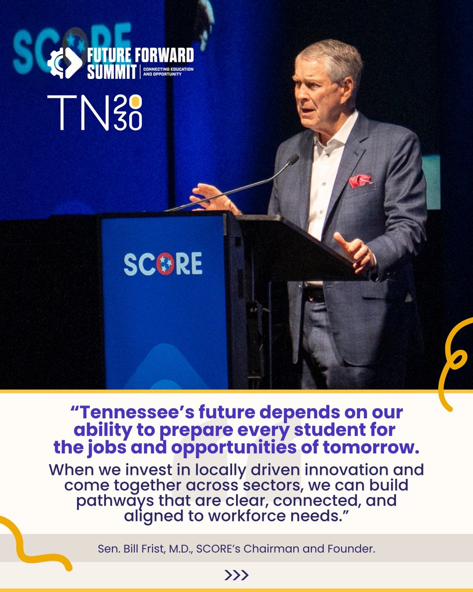 TN2030goals's tweet photo. Tennessee’s future depends on the pathways we build today.

The 2026 Future Forward Summit highlighted a critical challenge: while most students say career planning matters, many still face disconnected systems and unclear paths from education to career.

To change that, we must strengthen connections across K-12, higher education, employers, and workforce systems — ensuring every Tennessee student can access a high-quality pathway to economic mobility.

Through #TN2030, Tennessee is working toward ambitious goals to increase postsecondary enrollment and completion while expanding access to high-value credentials aligned to workforce needs.

What’s next?
1️⃣ Join SCORE’s Pathways at Scale webinar on May 20 from 1–2 p.m. CT.
https://t.co/nX9hKdeLNw

2️⃣ Become an official TN2030 partner and help drive progress for Tennessee students. https://t.co/A8Wv9rz7MF