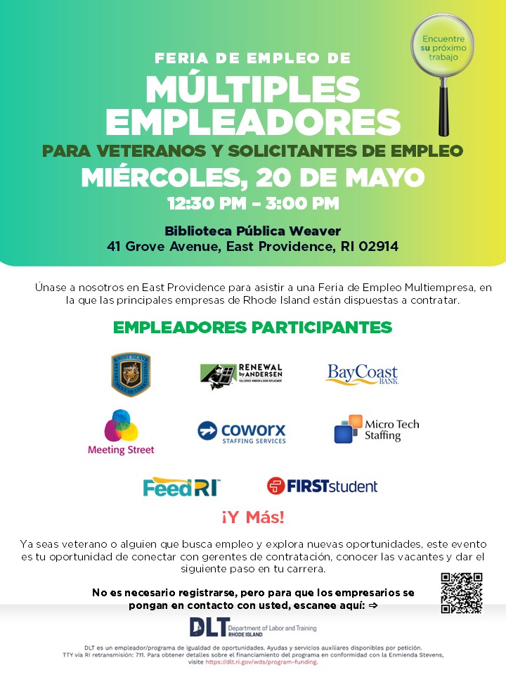RI_DLT's tweet photo. ¡Los empleadores de Rhode Island están contratando! Acompáñenos en la #FeriaDeEmpleo Multiempresarial en Rumford el 28 de mayo. 

- 310 Bourne St., Edif. 70
- 10:00 a. m. – 3:00 p. m.

No se requiere registrarse.

#DLTWorks #Miércolesdelafuerzalaboral https://t.co/PG1Uztnx00