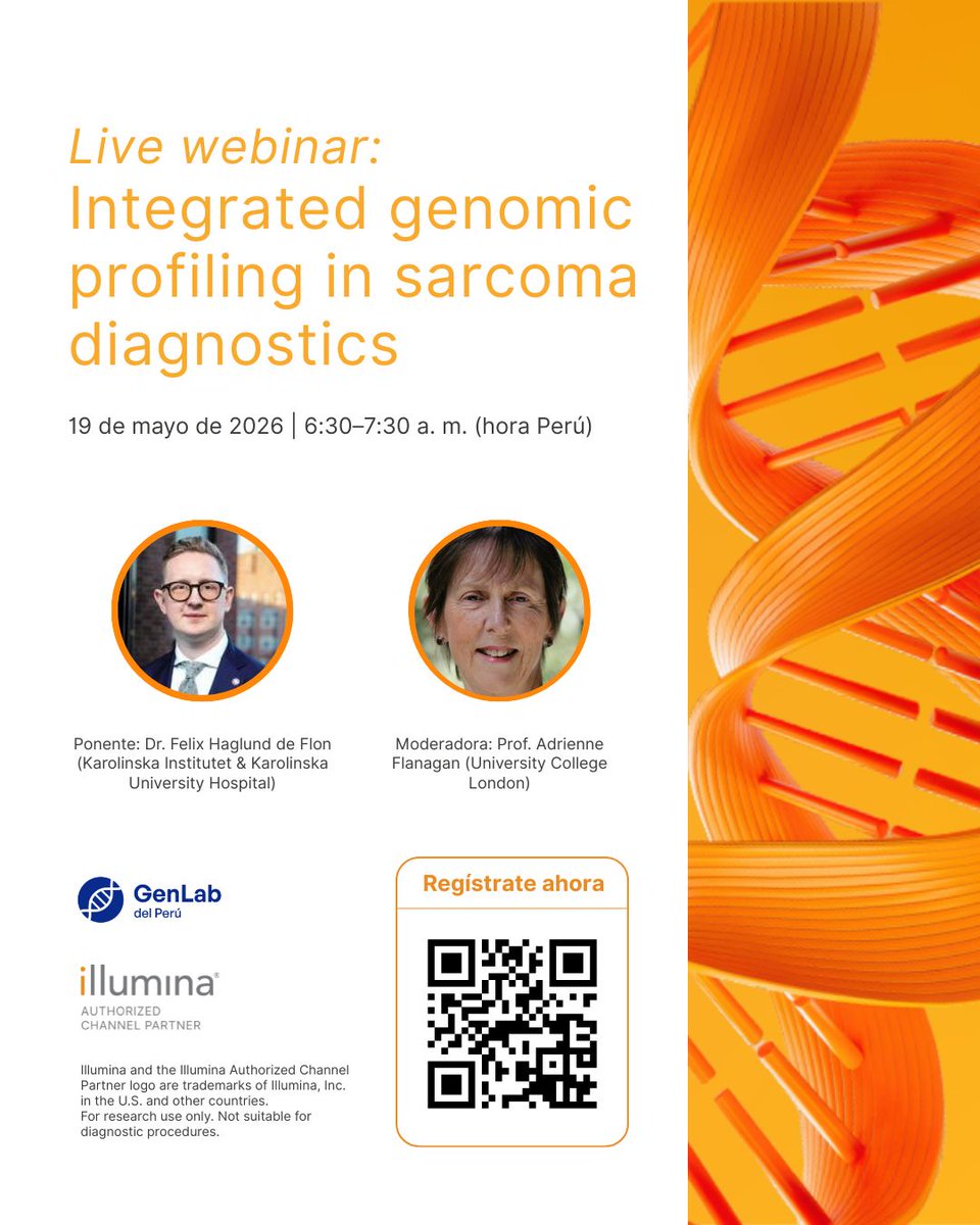 Gen_Lab_Peru's tweet photo. 🧬 Webinar: perfilamiento genómico integrado en el diagnóstico de sarcomas.

Conozca cómo el análisis de genoma completo, transcriptoma y metilación aporta a una clasificación tumoral más precisa.
📅 19 de mayo (mañana) | 6:30 a. m. hora Perú
📌 Registro: https://t.co/MGIZ4QP0R1 https://t.co/AKuNZYzs9a