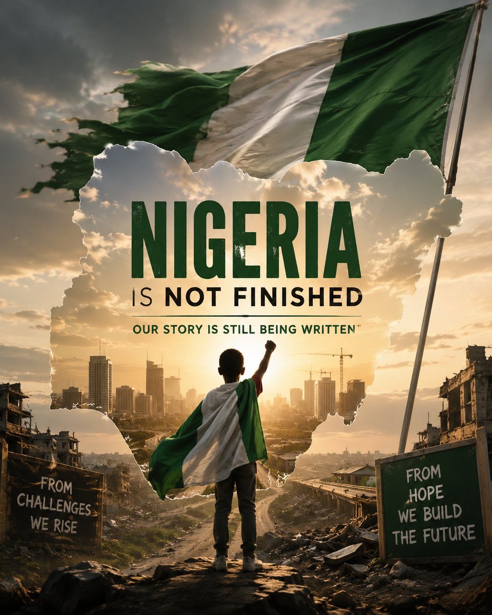 Queendenny1's tweet photo. Nigeria is not finished.  
Nigeria is not hopeless.  
Nigeria is not beyond repair.

A country full of talent, resilience, creativity, and people who keep building every day can never be written off so easily.Yes, things are hard.  
But hard is not the same as hopeless.

#Nigeria https://t.co/XjcNExa4Mu