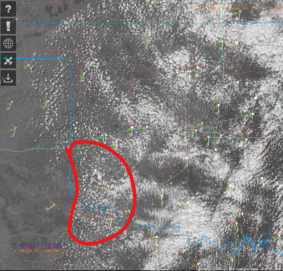 CameronJNixon's tweet photo. Watching some enhanced convergence along the dry line in SW OK. 18z Norman sounding shows small cap that, unlike yesterday, could be breakable.

Shear so far though is very weak. Any severe threat will likely hold off till at least 00z, and hinge on well-timed, later initiation. https://t.co/InnkLtAx9W