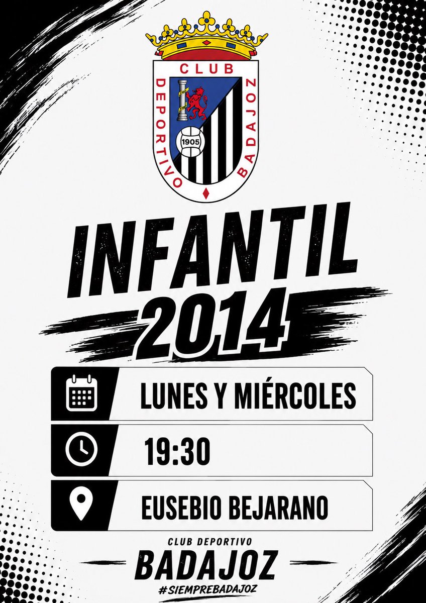 CDBLaAcademia's tweet photo. ¡Seguimos creciendo en nuestra cantera!

Abrimos grupo INFANTIL 2014 del Club Deportivo Badajoz 

📅 20, 25 y 27 de mayo
🕔 19:30 h
📍 Eusebio Bejarano

¡Ven a entrenar con nosotros y forma parte de la cantera blanquinegra! 🤍🖤 https://t.co/ouIUiLrteA