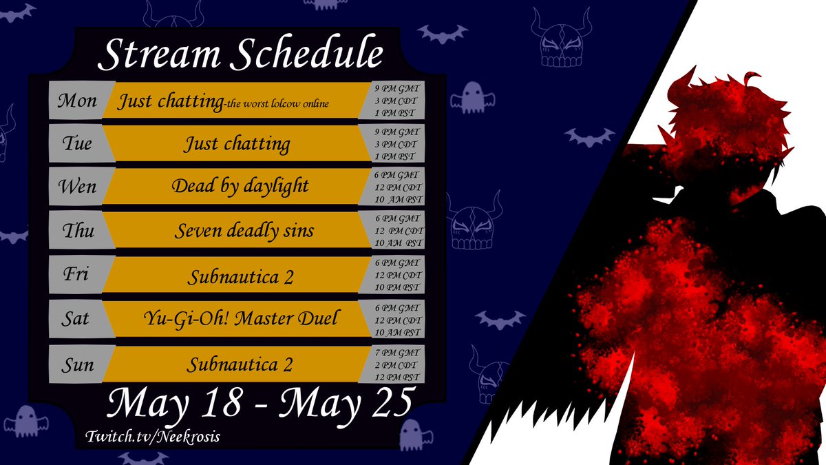 Neekrosis's tweet photo. This weeks schedule, Viewer discretion is advised. https://t.co/W0hqkRAxs4