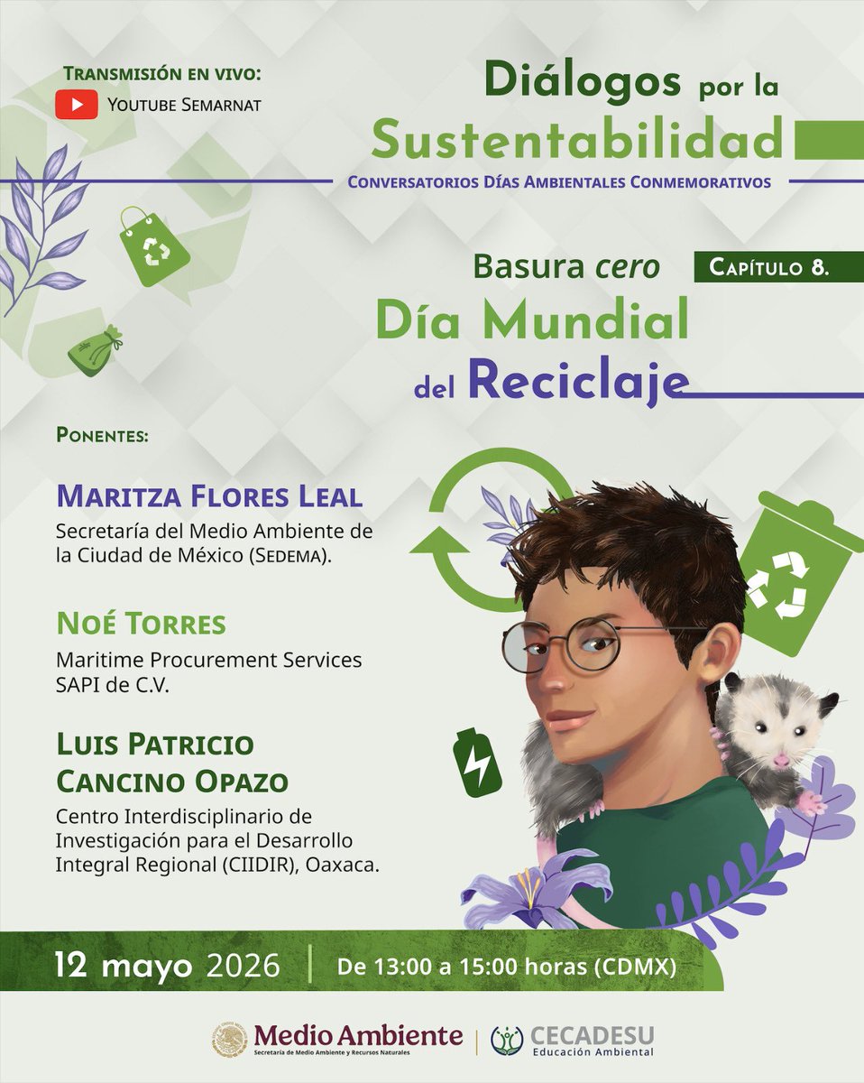 SBGOriente's tweet photo. ♻️ En el marco del #DíaMundialDelReciclaje, se transmitió el capítulo 8 de los “Diálogos por la Sustentabilidad”, como parte de los Conversatorios de los Días Ambientales Conmemorativos. La transmisión está disponible en el canal de Youtube de @SEMARNAT. https://t.co/5Rkkj8FvfV