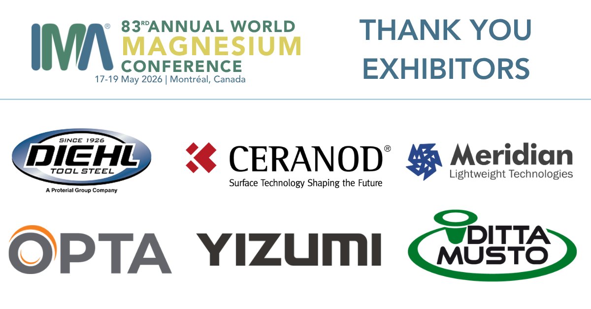 INTLMagOrg's tweet photo. Thank you to our conference exhibitors for helping shape this year's conference! 

DIEHL
CERANOD
Meridian Lightweight Technologies
OPTA
YIZUMI
DITTA MUSTO

We appreciate your support.
#IMA2026 https://t.co/ZCkWqxaMdb