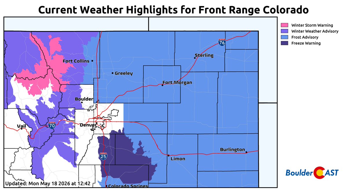 BoulderCAST's tweet photo. Freeze Watch has been cancelled for Boulder/Denver where low clouds, shallow upslope, fog and mist will persist through much of the night ahead keeping us above freezing. Frost possible in outlying areas many miles away from the terrain where skies may clear. Yay plants!   #COwx https://t.co/xToQnW0LsX