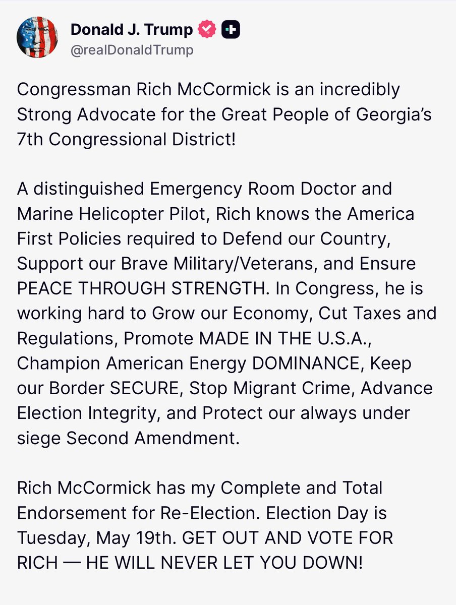 RichforGA's tweet photo. Incredibly honored to be endorsed by @realDonaldTrump. I am excited for the work we have ahead. Be sure to get out and VOTE tomorrow!! 🇺🇸🍑 https://t.co/VxGNXTmX1Q
