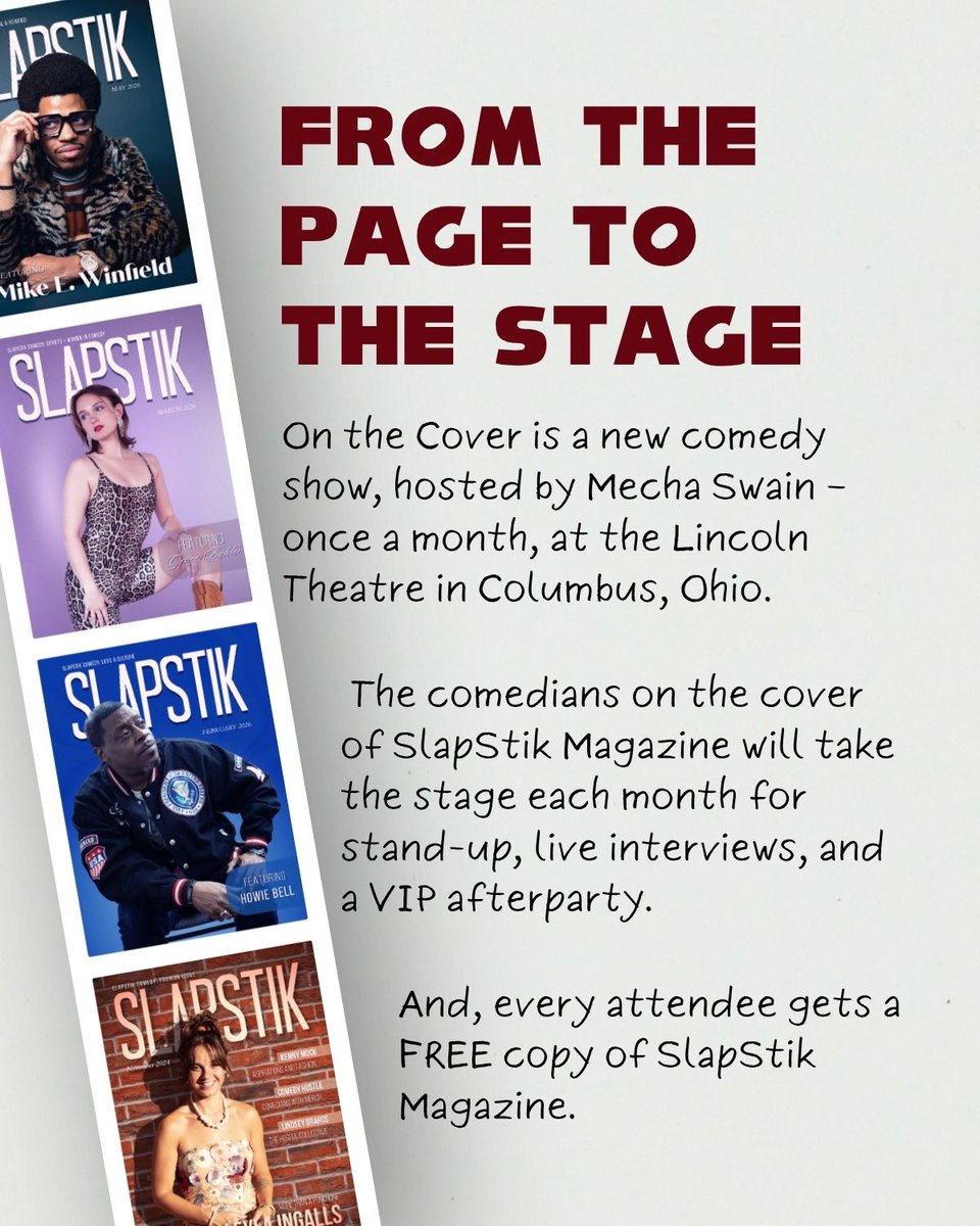 SlapstikComedy's tweet photo. On The Cover debuts May 23 at the Lincoln Theatre in Columbus, Ohio, bringing the magazine’s comedians from the page to the stage. This is a show you don’t want to miss.

Tickets available now at https://t.co/JFK8xLKrSK 🚨🔥

#SlapStikComedy #MechaSwain #OnTheCover #ColumbusOhio https://t.co/2j0ZEvVqyv
