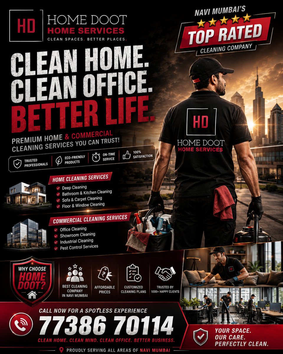 HomeDoot's tweet photo. Transform your space with top rated home &amp; office cleaning services in Navi Mumbai! 
 
Trusted pros, deep cleaning &amp; spotless results. 

77386 70114
 
https://t.co/VNzDhKw2Id https://t.co/WabVgECn1t