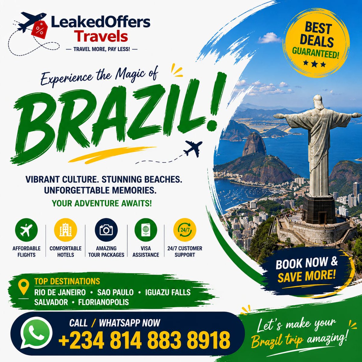 leakedoffers's tweet photo. Discover the magic of Brazil with Leaked Offers Travels! 🇧🇷✈️ Enjoy affordable flights, beautiful beaches, vibrant culture & unforgettable adventures. Book your Brazil trip today!
Call/WhatsApp +234 814 883 8918 🔥 #BrazilTrip #TravelDeals #LeakedOffers https://t.co/vWrIO3qwUn