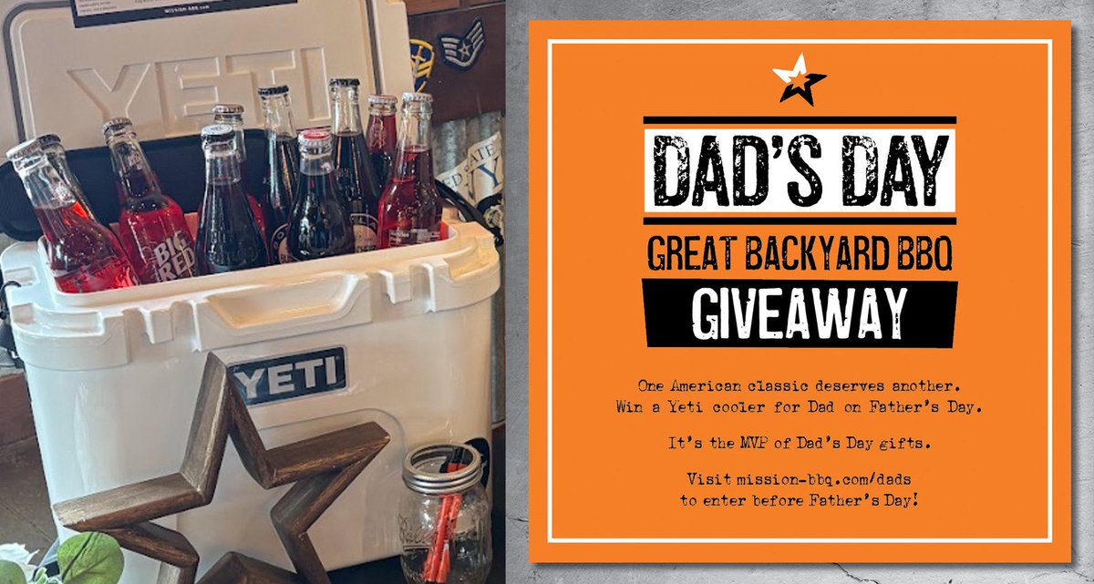 MissionBBQ's tweet photo. Make Dad extra glad on Father's Day
Win it for Dad. You could win this Yeti Roadie 15 cooler, FREE for Dad’s Day! We’re giving away one at every MISSION BBQ. To enter please visit your local MISSION BBQ. https://t.co/KvubvlZ9Ax