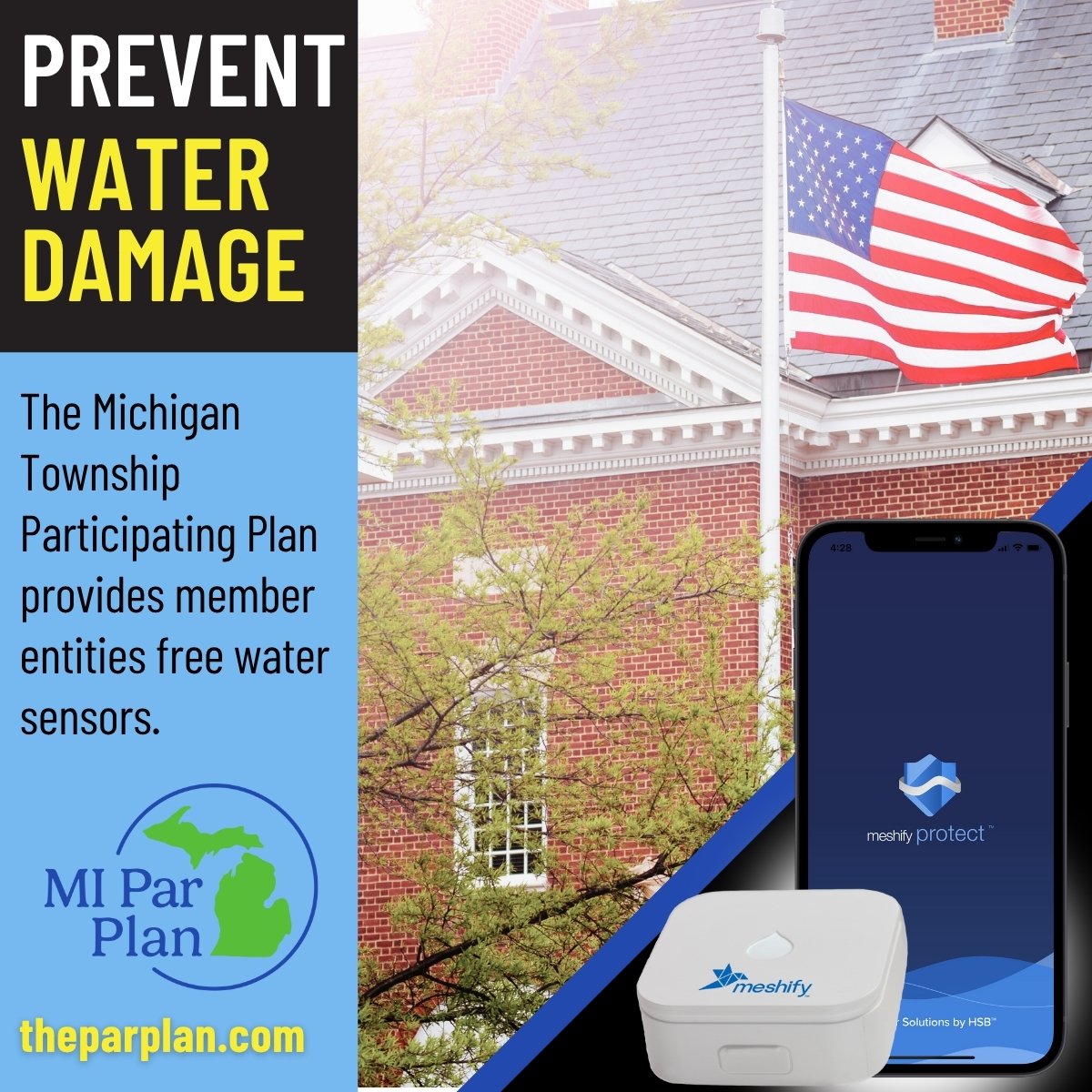 theparplan's tweet photo. Water leaks in municipal buildings can interfere with public business, cause significant property damage, and destroy irreplaceable records. The Michigan Township Participating Plan provides members with a FREE water sensor kit and monitoring. https://t.co/kKL2Vg2NJ7 https://t.co/rGkz7d67Ni
