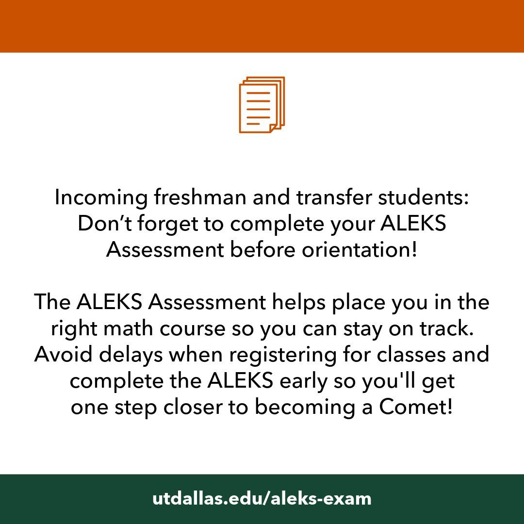 FutureComets's tweet photo. Haven’t taken the ALEKS Exam yet?

Don’t wait! It helps place you in the right math class &amp; is required for some courses.

Learn more: https://t.co/gFMyxogsuc

Questions? Contact your academic advisor here: https://t.co/uWLuODTnY8 https://t.co/RD7fhYRZJQ