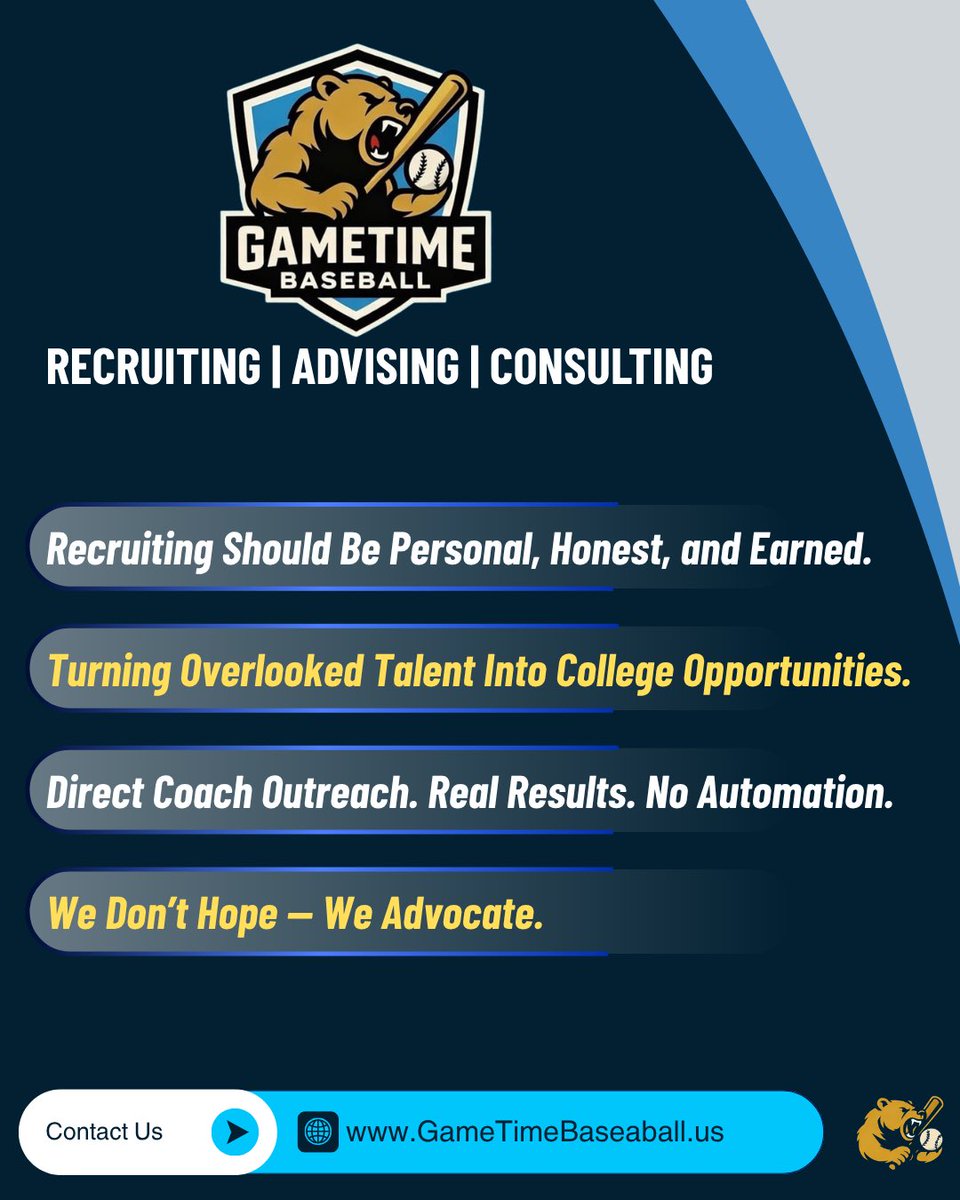 GameTime_BB's tweet photo. 🔥 Take Your Baseball Future to the Next Level!

GameTime Baseball College Placement 

We turn overlooked talent into college opportunities with personal, honest recruiting:

✅ Direct coach outreach (no automation)
✅ Real results & strong advocacy
✅ We don’t hope — we advocate
Ready to get noticed?

👉 https://t.co/c04wbz2e8k

#GameTimeBaseball #BaseballRecruiting #CollegeBaseball
