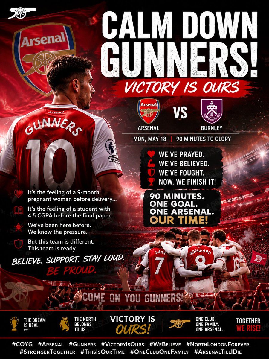 Opeano's tweet photo. Tonight is not just another football match for Arsenal fans.

It is 90 minutes of hope, fear, belief and destiny.

We are not nervous because we are weak. We are nervous because we are CLOSE.

Close to the dream. Close to glory. Close to the moment we have prayed for. https://t.co/eTPH9nqF6f