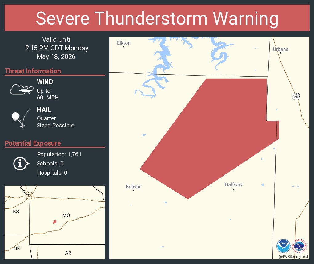 Severe Thunderstorm Warning continues for Polk County, MO until 2:15 PM CDT
