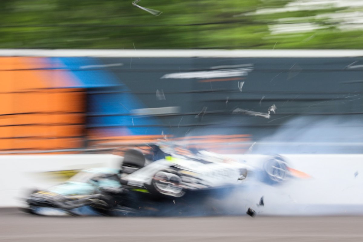 Chad200's tweet photo. Glad Rossi is okay, that sound always makes me cringe. I believe @ConorDaly22 had a front row seat too, great avoidance there. Wish I didn't have my shutter speed so low (1/50). #IndyCar #Indy500 https://t.co/3KN4JuWW3L