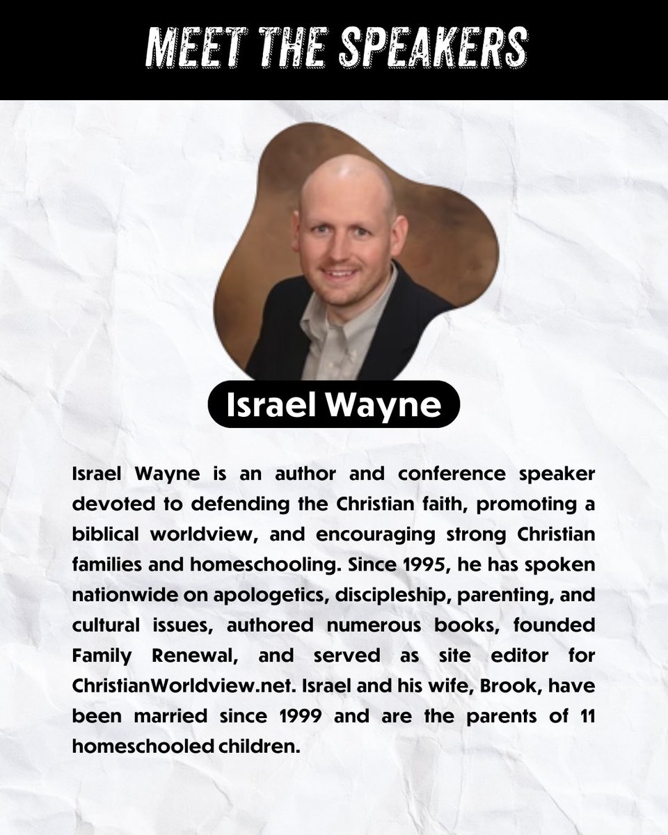 CultureProofMe's tweet photo. 📖 Meet Speaker Israel Wayne — Defending the Faith, Strengthening Families

For over two decades, Israel Wayne has been equipping believers to stand firm in truth, defend the Christian faith, and build strong, Christ‑centered homes. As an author, speaker, and founder of Family Renewal, Israel has inspired audiences nationwide on apologetics, discipleship, parenting, and cultural engagement.

He and his wife, Brook, are parents to eleven homeschooled children — living examples of faith in action and family discipleship.

Join Israel and nine other dynamic speakers this summer at the Culture Proof Conference 2026 — a multigenerational gathering at the Ark Encounter & Creation Museum designed to strengthen your family’s biblical worldview.

🔥 Registration is still open — don’t wait!   👉 https://t.co/hj2ASKMMJl